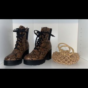 Faux Leather brown and black, Heeled combat boots
